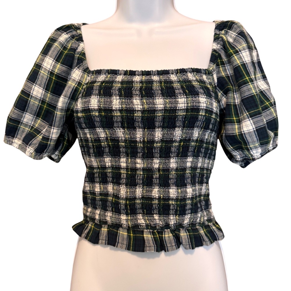 American Eagle Plaid Smocked Top XS Square‎ Neck Puff Sleeve Preppy Academia
